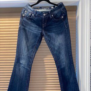 MISS ME SIZE 26! FLARE JEANS WITH BEADED CROSS ON BACK POCKETS!